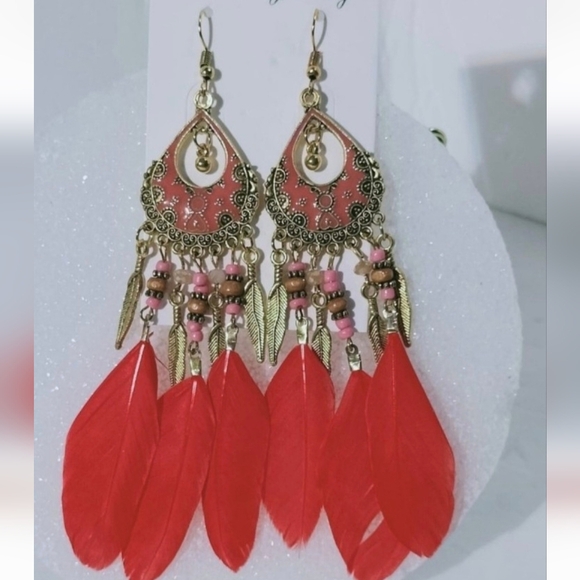 Feather earrings for women, vintage bohemian style with dreamcatcher .5 Inches - Picture 12 of 12